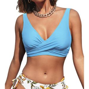 imageCUPSHE Women Swimsuit Bikini Top Wrap Self Tie Bathing Suit with Fixed Wide StrapsLight Blue