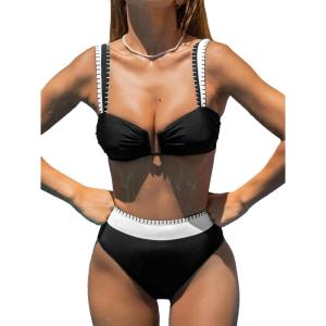 imageCUPSHE Womens Bikini Set High Waisted Two Piece Swimsuit U Wire Color Block Bathing Suit Back Hook Full CoverageBlackWhite