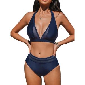 imageCUPSHE Womens Bikini Sets Halter V Neck Tie Back Bathing Suit Mesh Panel High Waisted BottomNavy
