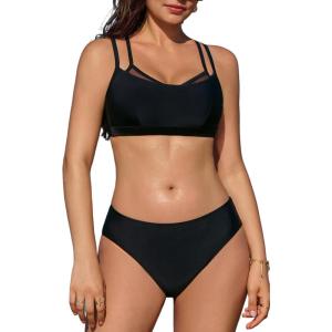 imageCUPSHE Womens Bikini Sets Large Bust Scoop Neck Mid Rise Back Crisscross Self Tie Double Adjustable StrapsBlack