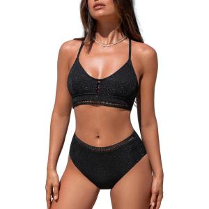 imageCUPSHE Womens Bikini Sets Scoop Neck Trapezoidal Lace Trim Adjustable Crisscross Straps Ruffled Side Bathing Suit GlitterBlack Glitter
