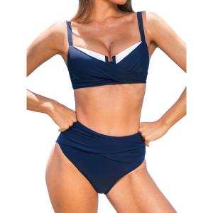 imageCUPSHE Womens Bikini Sets Sweetheart Neck Adjustable Straps Bathing Suit High Rise Ruched Color BlockNavy