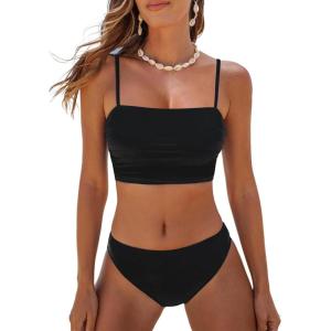 imageCUPSHE Womens Bikini Sets Two Piece Swimsuit Bandeau Top Square Neck Mid Rise Ruched Bathing Suit Spaghetti StrapsBlack