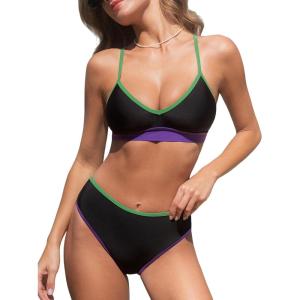 imageCUPSHE Womens Bikini Sets Two Piece Swimsuit V Neck Color Block Bathing Suit Mid Rise Crossback Straps Self TieBlackPurple
