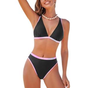 imageCUPSHE Womens Bikini Sets Two Piece Swimsuit V Neck Triangle Top Adjustable Straps Crisscross Back Hook Tie dyeBlackPink