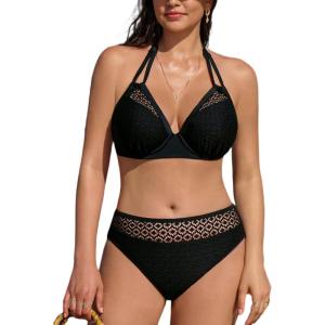 imageCUPSHE Womens Bikini Sets for Women Large Bust Two Piece Bathing Suit Wrapped Halter V Neck Underwire SupportBlack
