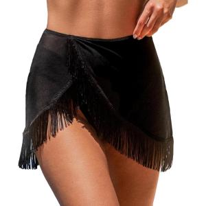 imageCUPSHE Womens Coverup Only Bikini Bottom Fashion High Waisted Sarong Sheer Mesh Swim Skirt Wrap Front Tassel TrimBlack
