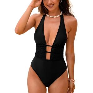imageCUPSHE Womens One Piece Deep V Plunging Neck Bathing Suit Self Tied Adjustable Straps Low BackBlack