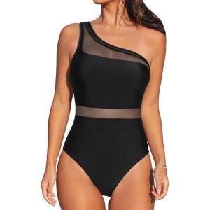 imageCUPSHE Womens One Piece Swimsuit Asymmetric Neck One Shoulder Bathing Suit Mesh SwimwearBlack