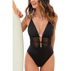 imageCUPSHE Womens One Piece Swimsuit Deep V Neck Bathing Suit Back Self Tie Mesh Ruching Adjustable StrapsBlack