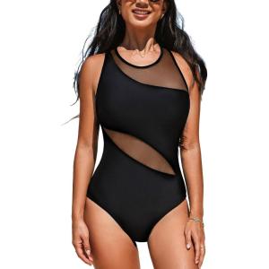 imageCUPSHE Womens One Piece Swimsuit High Neck Asymmetrical Bathing Suit Crisscross Back Cutout Mesh SwimwearBlack