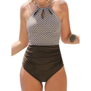 imageCUPSHE Womens One Piece Swimsuit High Neck Tummy Control Swimwear Bathing SuitChocolate BrownWhite