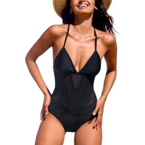 imageCUPSHE Womens One Piece Swimsuit Plunging V Neck Mesh Bathing Suit Crisscross Strappy SwimwearBlack