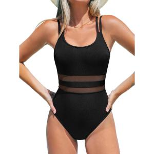 imageCUPSHE Womens One Piece Swimsuit Scoop Neck Bathing Suit Double Straps Crisscross Back Adjustable Self Tie TexturedBlack
