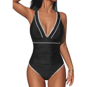 imageCUPSHE Womens One Piece Swimsuit V Neck Shell Stitched Bathing Suit Adjustable Crisscross Strappy Ruched SwimwearBlack
