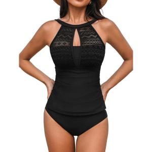 imageCUPSHE Womens Tankini Sets High Neck Mesh Cutouts Two Piece Bathing Suits Adjustable Straps Mid Rise SwimwearBlack