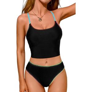 imageCUPSHE Womens Tankini Sets Scoop Neck Shell Stitch Two Piece Swimsuit Crisscross Strappy Mid Rise SwimwearBlack