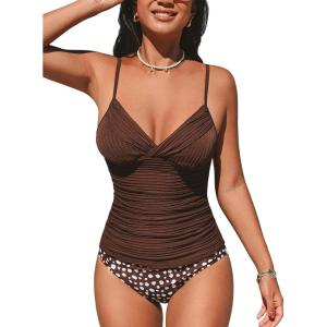 imageCUPSHE Womens Tankini Sets Two Piece Swimsuit V Neck Bathing Suit Adjustable Spaghetti Straps Ruched Mid Rise TexturedBrownWhite Dot