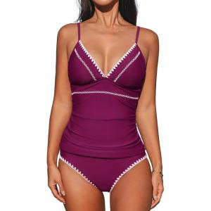 imageCUPSHE Womens Tankini Sets Two Piece Swimsuit V Neck Ruched Shell Stitched Bathing Suit Spaghetti Adjustable StrapsFuchsia