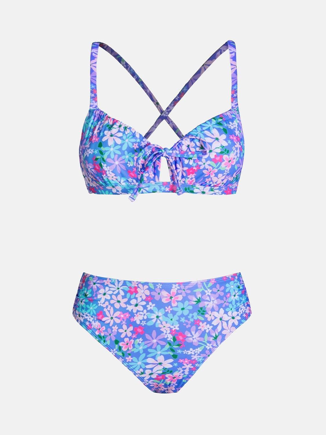 imageCUPSHE Womens Bikini Set Two Piece Bathing Suits Scoop Neck Crisscross Back Self Tie Mid Waisted Bottom Floral Cut OutPurple Blue Floral