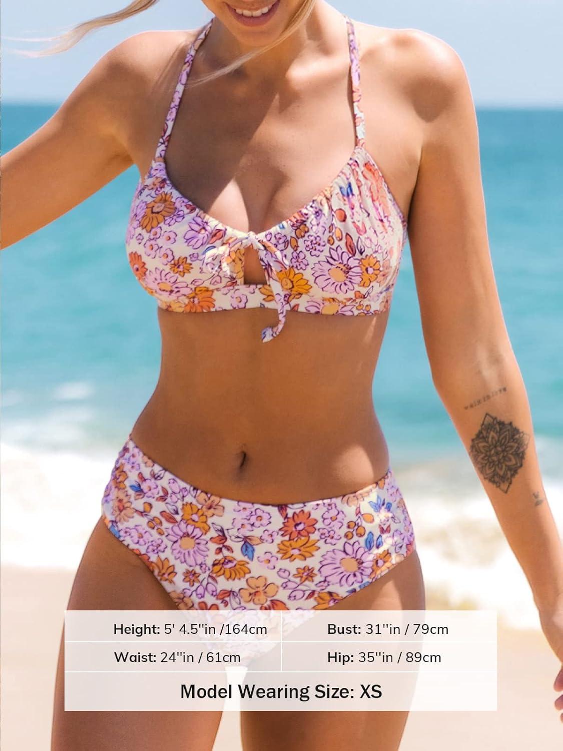 imageCUPSHE Womens Bikini Set Two Piece Bathing Suits Scoop Neck Crisscross Back Self Tie Mid Waisted Bottom Floral Cut OutPurple Floral