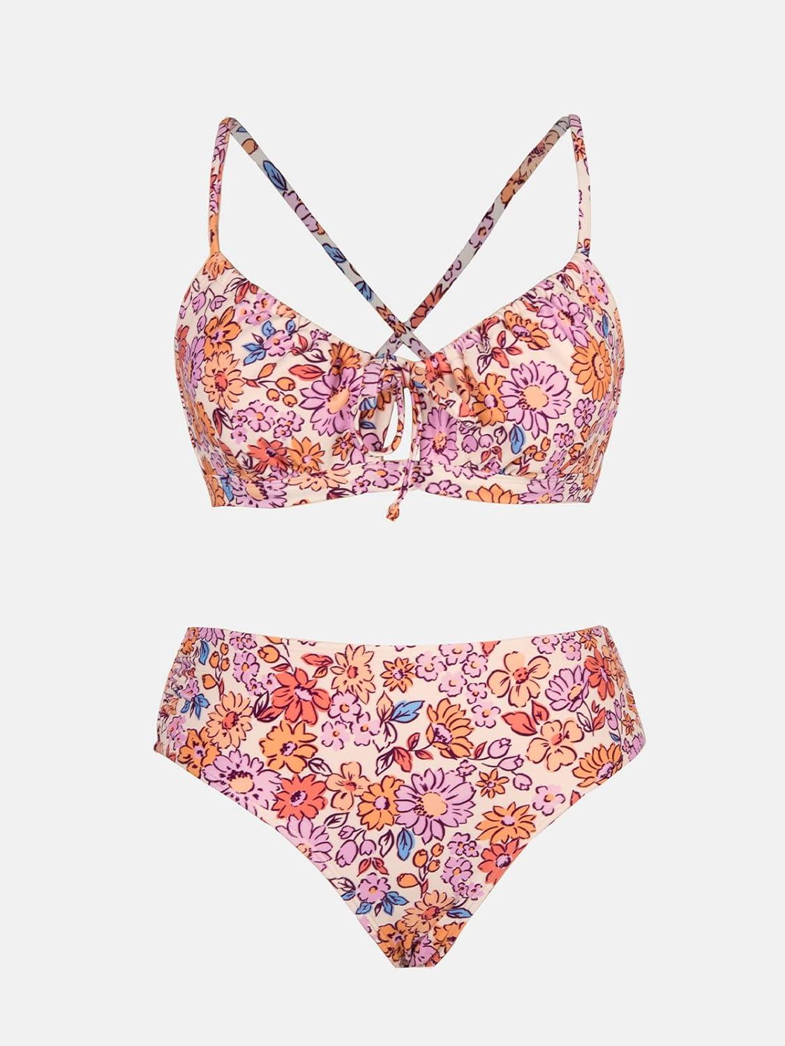 imageCUPSHE Womens Bikini Set Two Piece Bathing Suits Scoop Neck Crisscross Back Self Tie Mid Waisted Bottom Floral Cut OutPurple Floral
