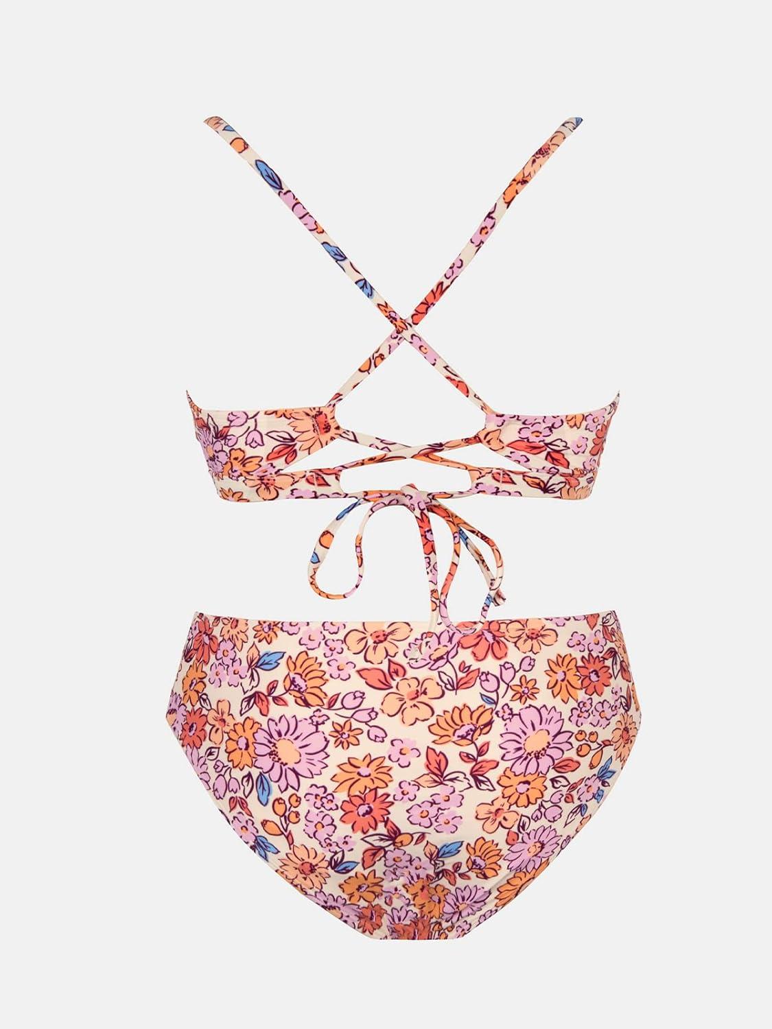 imageCUPSHE Womens Bikini Set Two Piece Bathing Suits Scoop Neck Crisscross Back Self Tie Mid Waisted Bottom Floral Cut OutPurple Floral