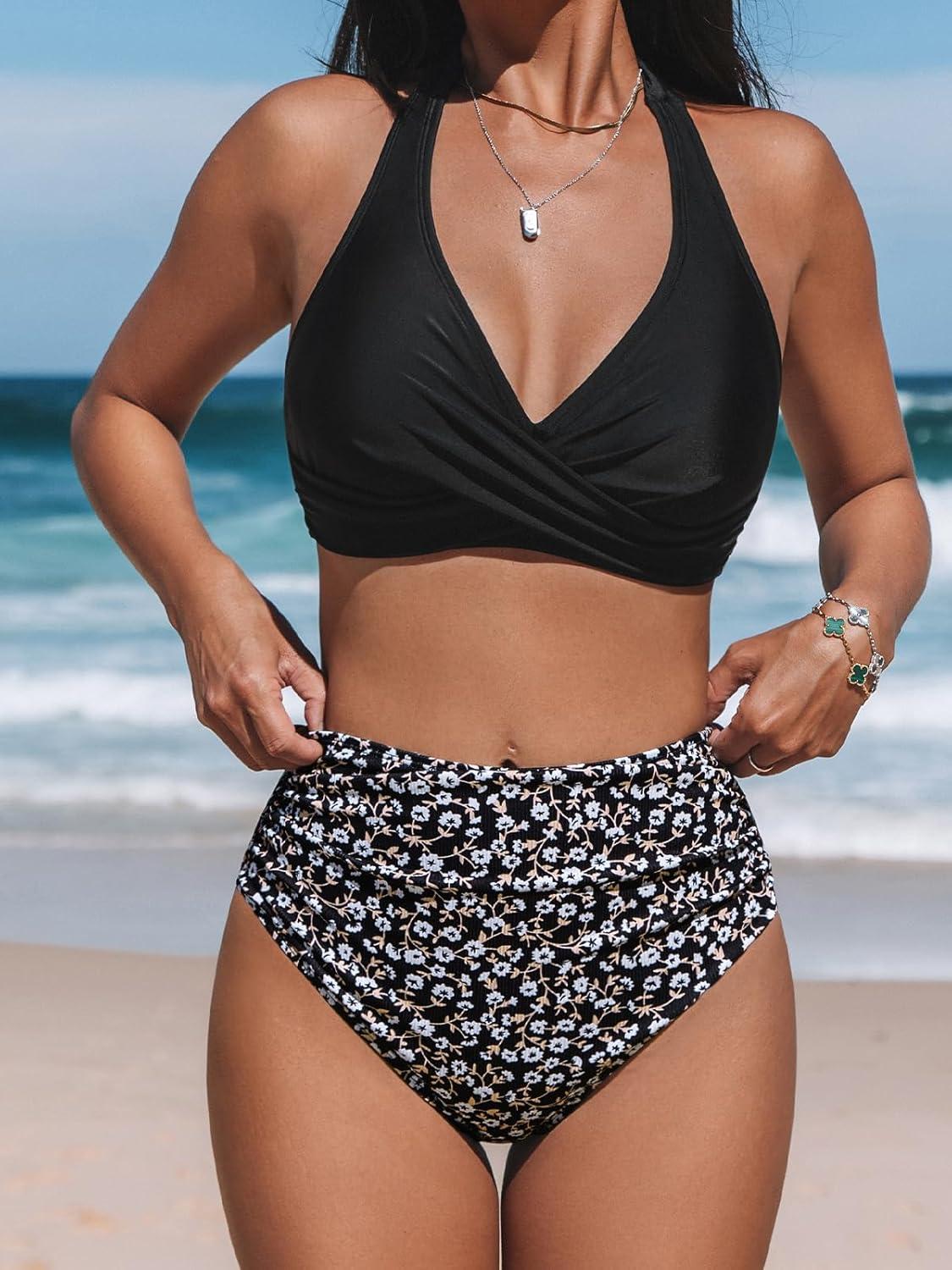 imageCUPSHE Womens Bikini Sets Two Piece Bathing Suit High Waisted V Neck Halter Front Twist Back Hook TexturedBlackDitsy