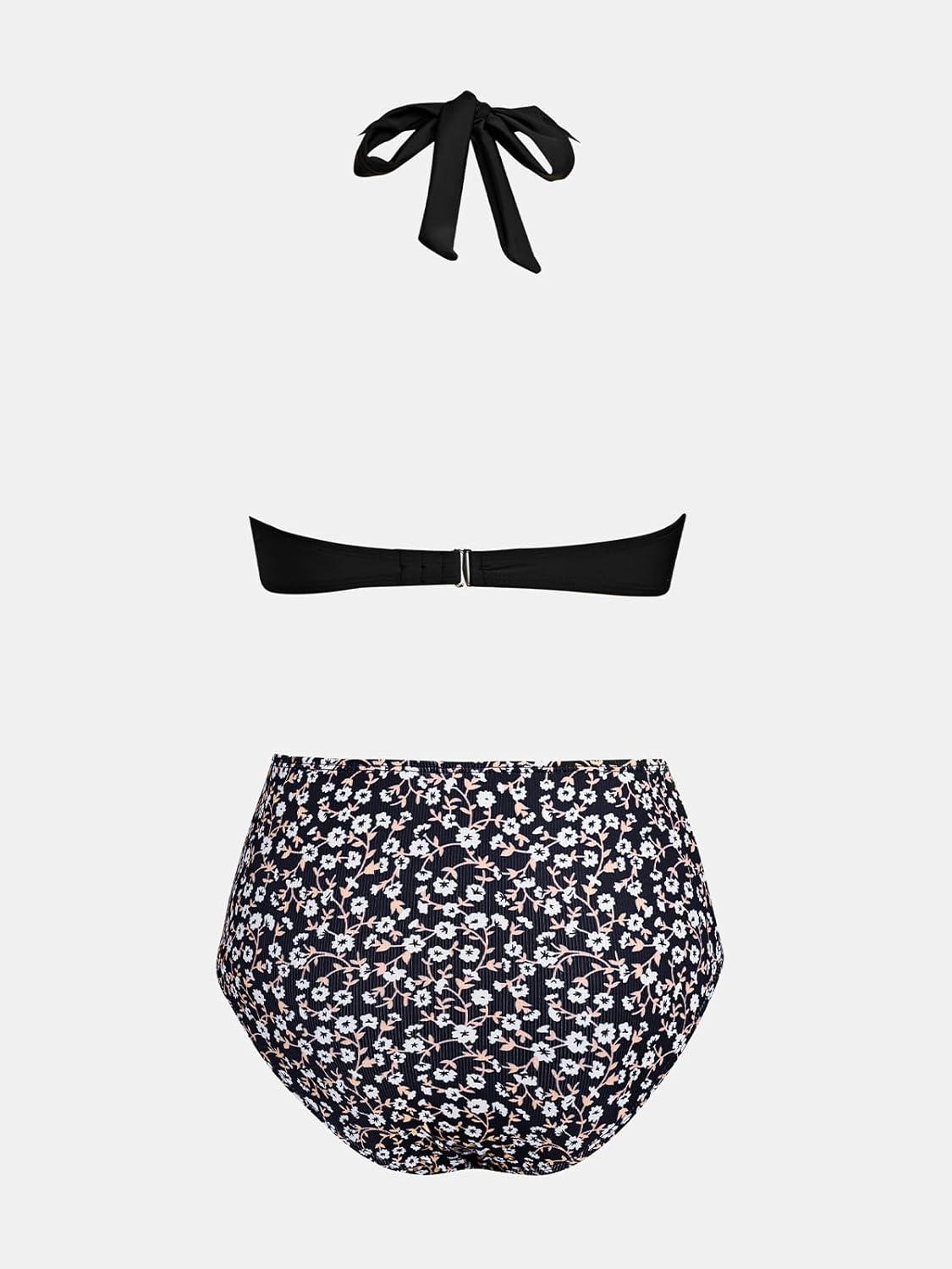 imageCUPSHE Womens Bikini Sets Two Piece Bathing Suit High Waisted V Neck Halter Front Twist Back Hook TexturedBlackDitsy