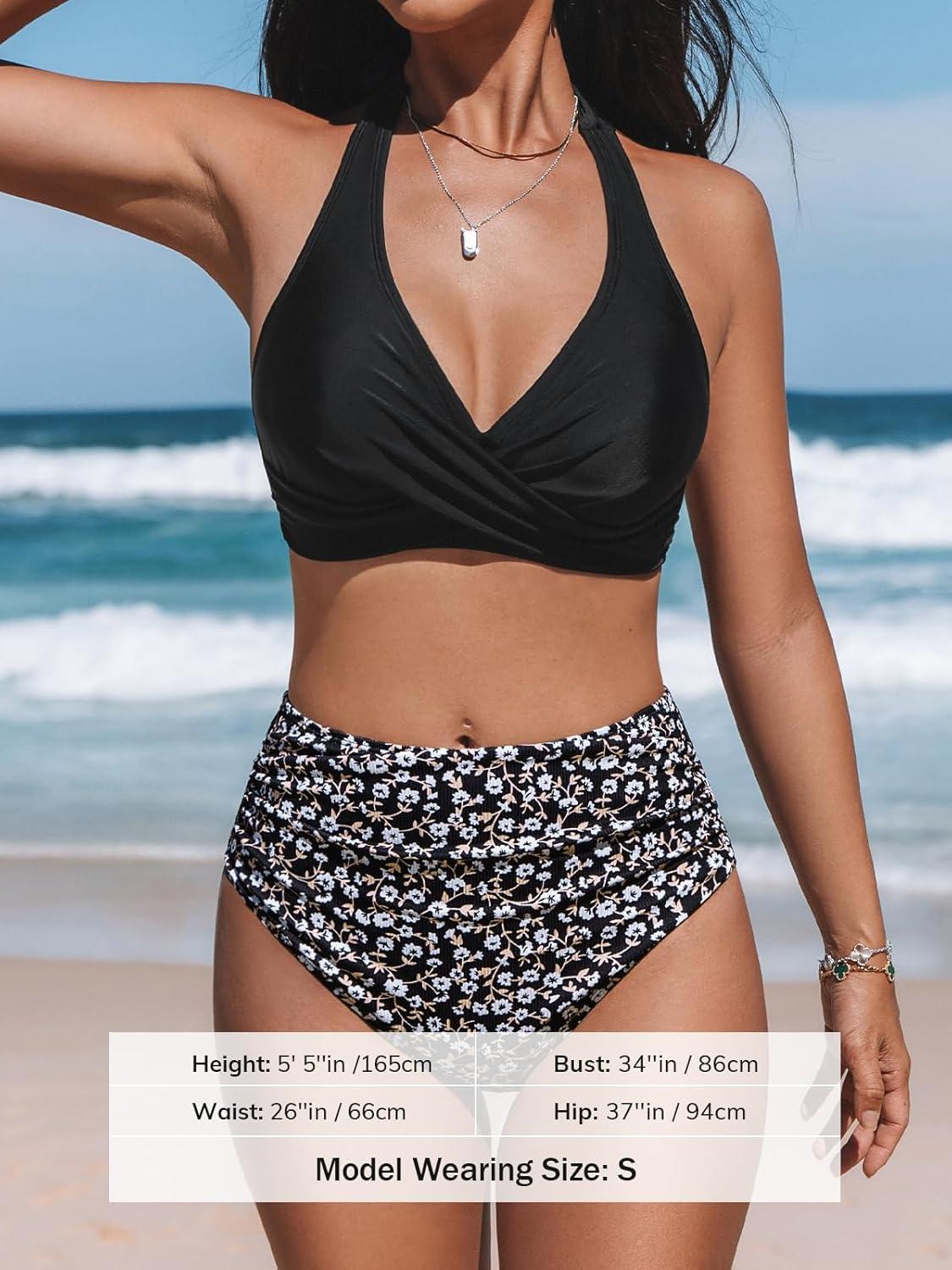 imageCUPSHE Womens Bikini Sets Two Piece Bathing Suit High Waisted V Neck Halter Front Twist Back Hook TexturedBlackDitsy