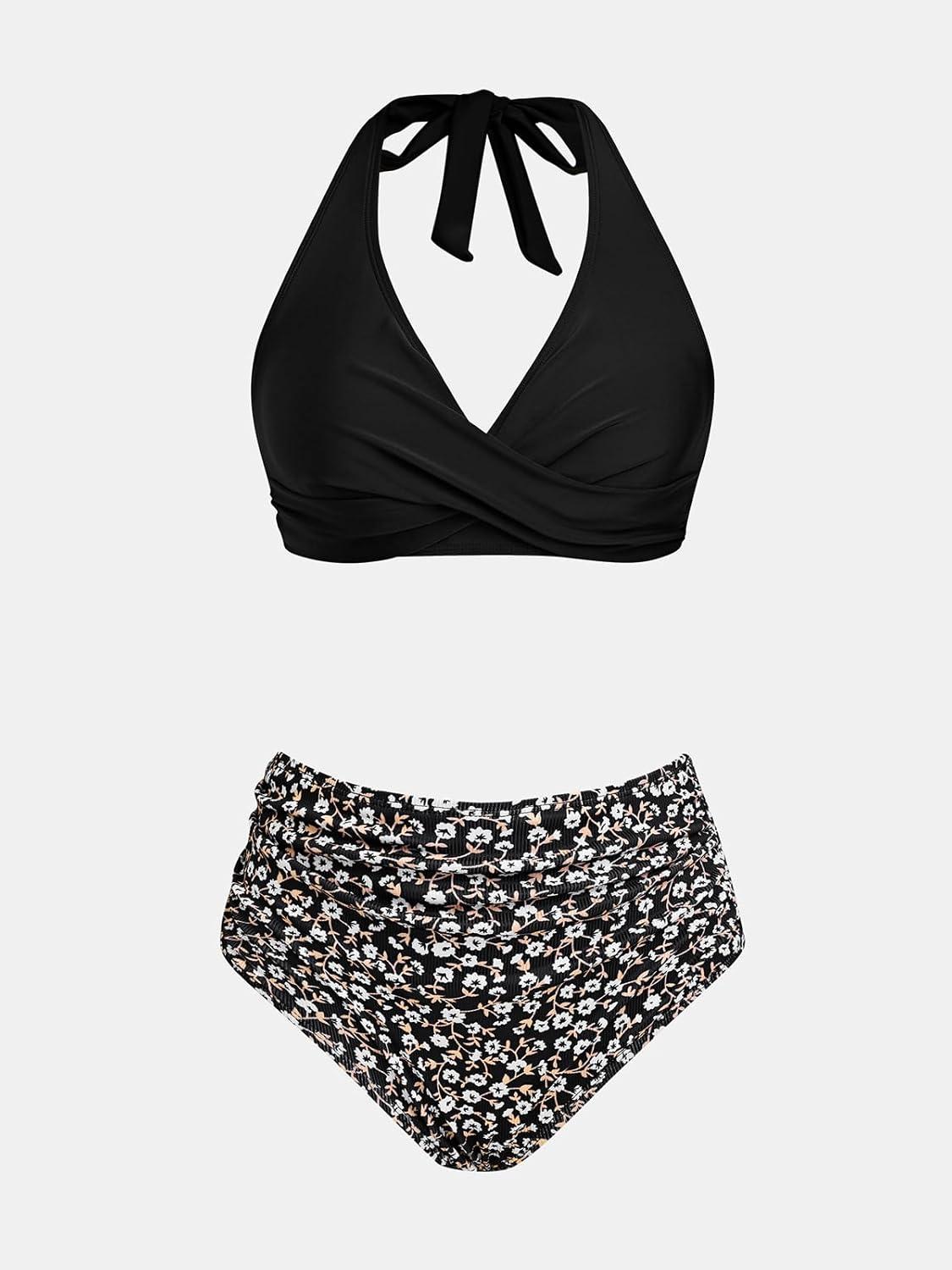 imageCUPSHE Womens Bikini Sets Two Piece Bathing Suit High Waisted V Neck Halter Front Twist Back Hook TexturedBlackDitsy
