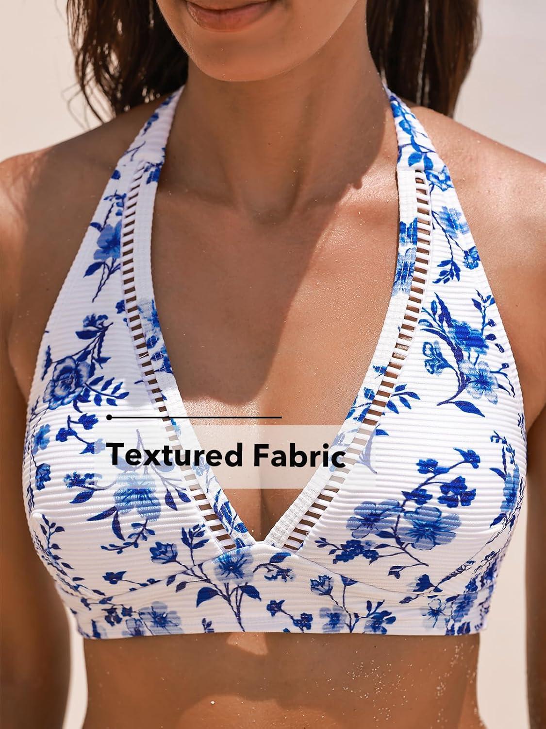 imageCUPSHE Womens Bikini Sets Two Piece Swimsuit High Waisted Halter Back Self Tie V Neck Textured Hollow OutWhiteBlue Floral