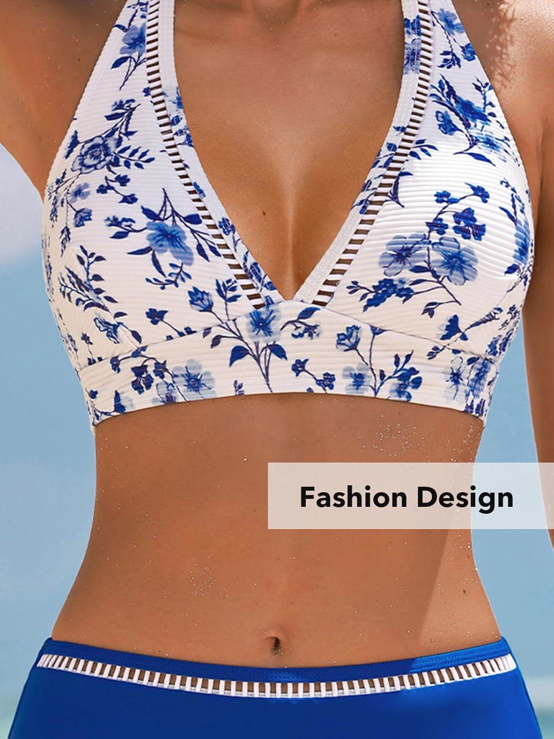 imageCUPSHE Womens Bikini Sets Two Piece Swimsuit High Waisted Halter Back Self Tie V Neck Textured Hollow OutWhiteBlue Floral