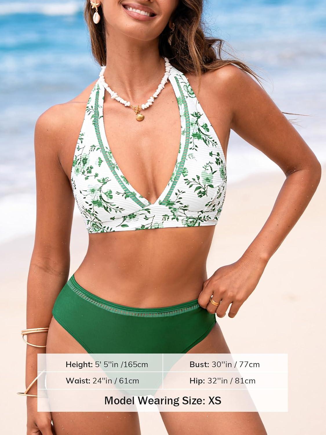 imageCUPSHE Womens Bikini Sets Two Piece Swimsuit High Waisted Halter Back Self Tie V Neck Textured Hollow OutWhiteGreen Floral