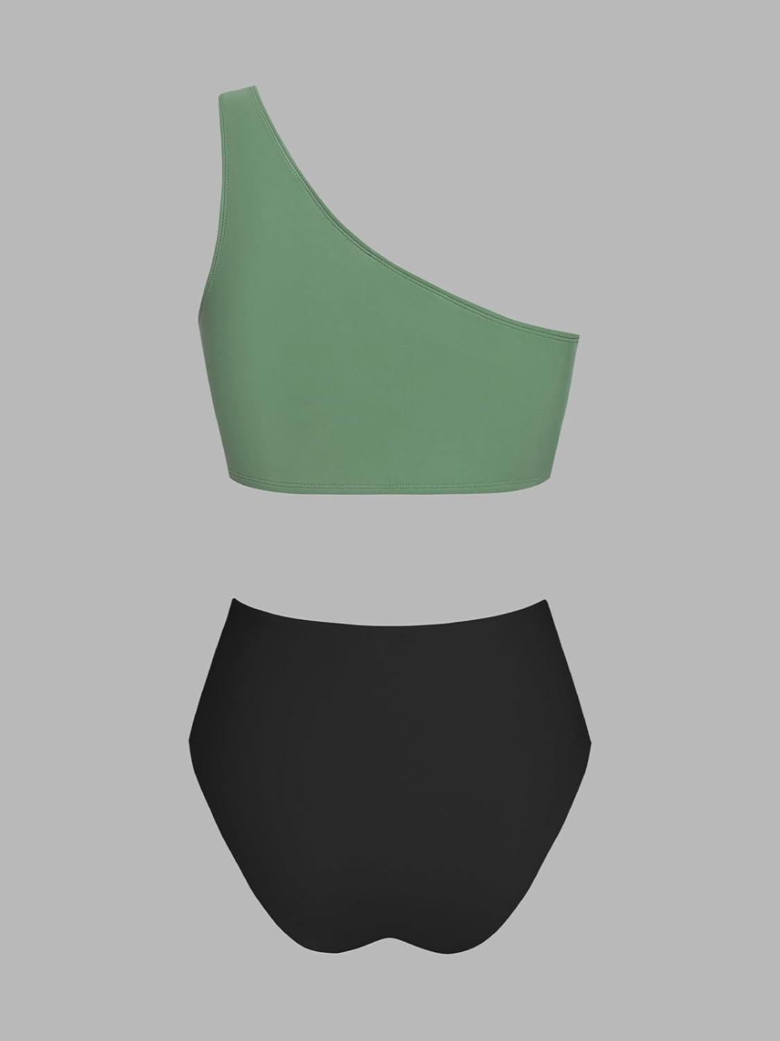 imageCUPSHE Womens Bikini Sets Two Piece Swimsuit High Waisted One Shoulder Color Block Ruched AsymmetricalBlackDark Green