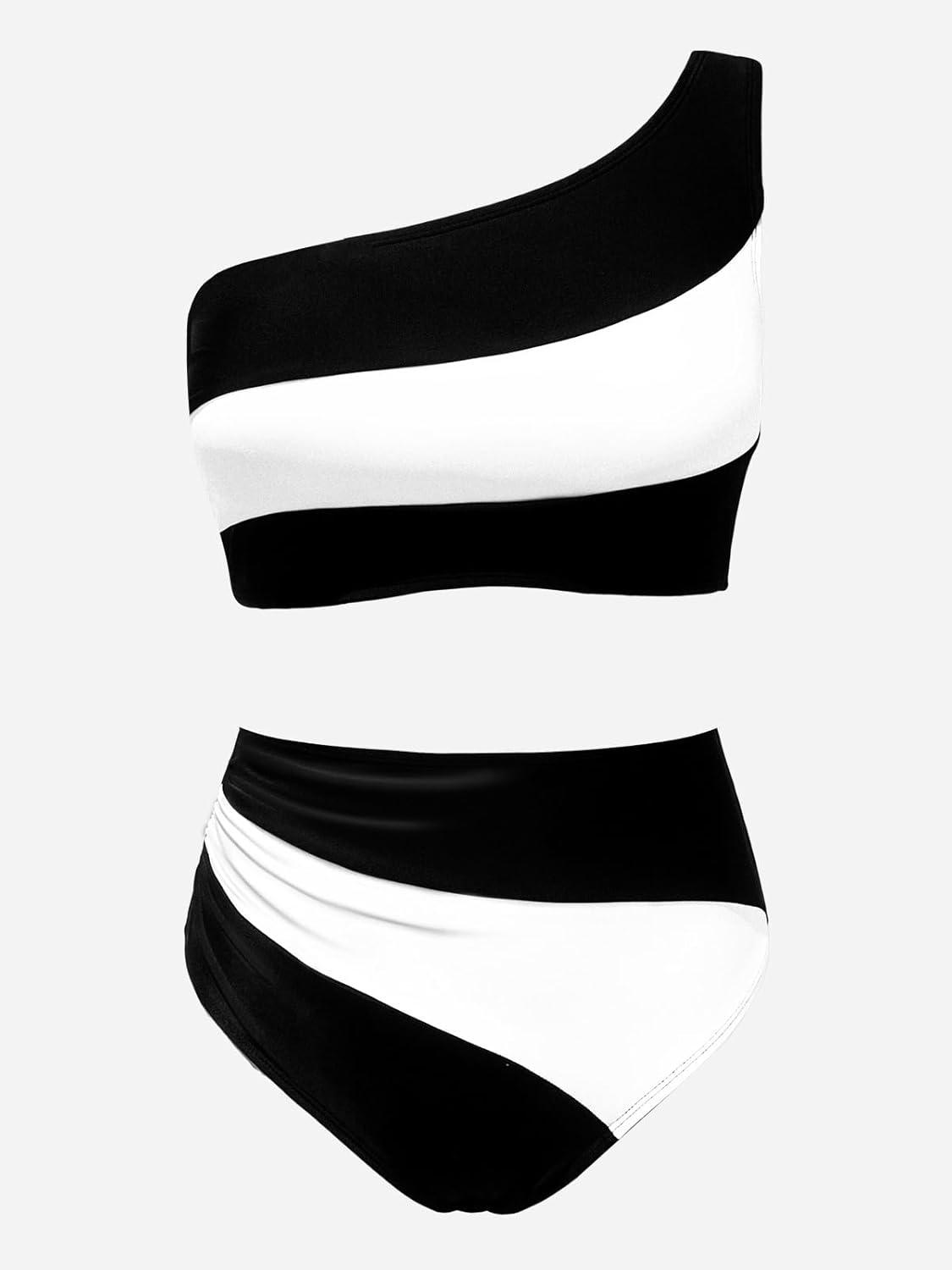 imageCUPSHE Womens Bikini Sets Two Piece Swimsuit High Waisted One Shoulder Color Block Ruched AsymmetricalBlackWhite