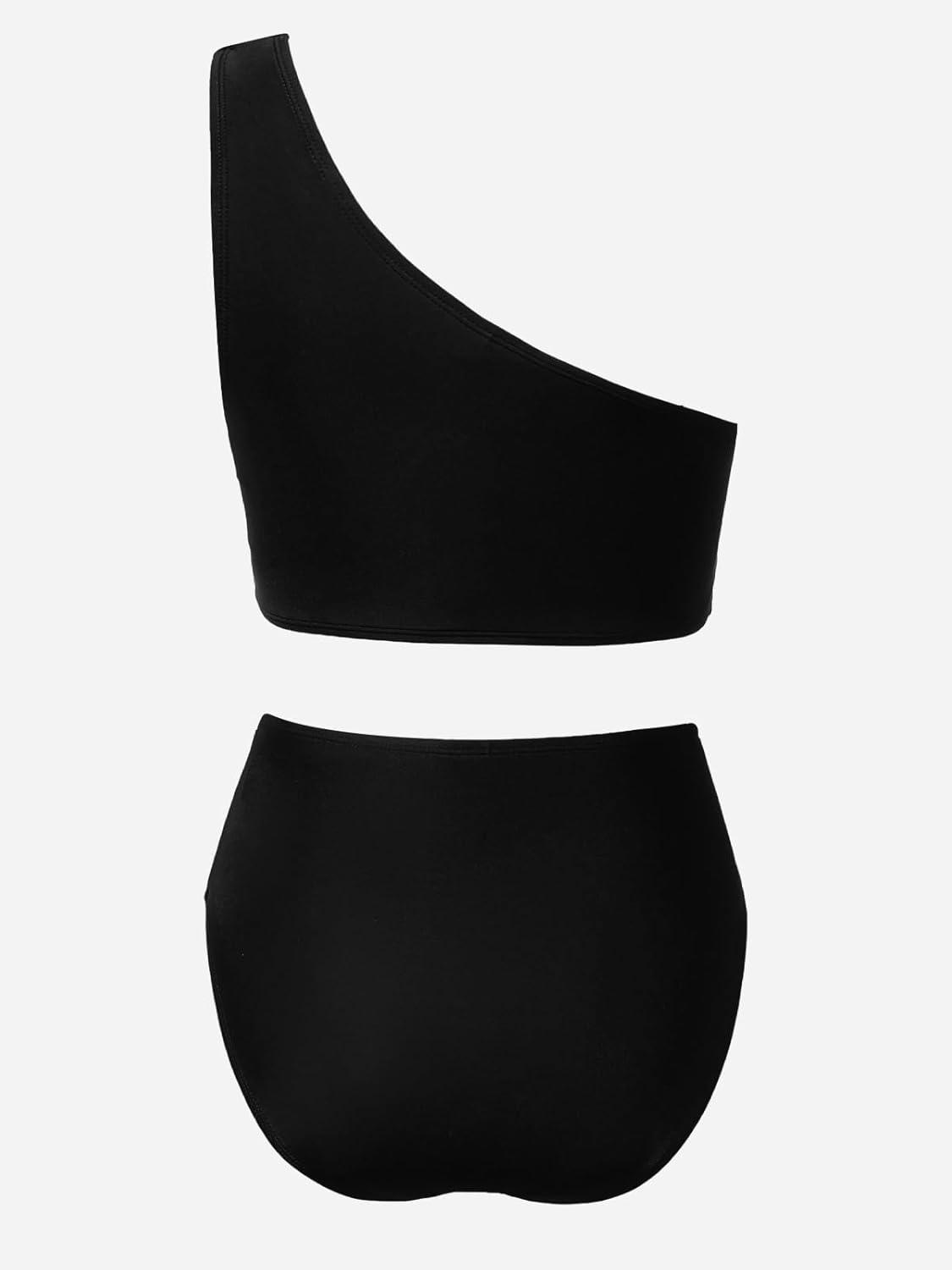 imageCUPSHE Womens Bikini Sets Two Piece Swimsuit High Waisted One Shoulder Color Block Ruched AsymmetricalBlackWhite
