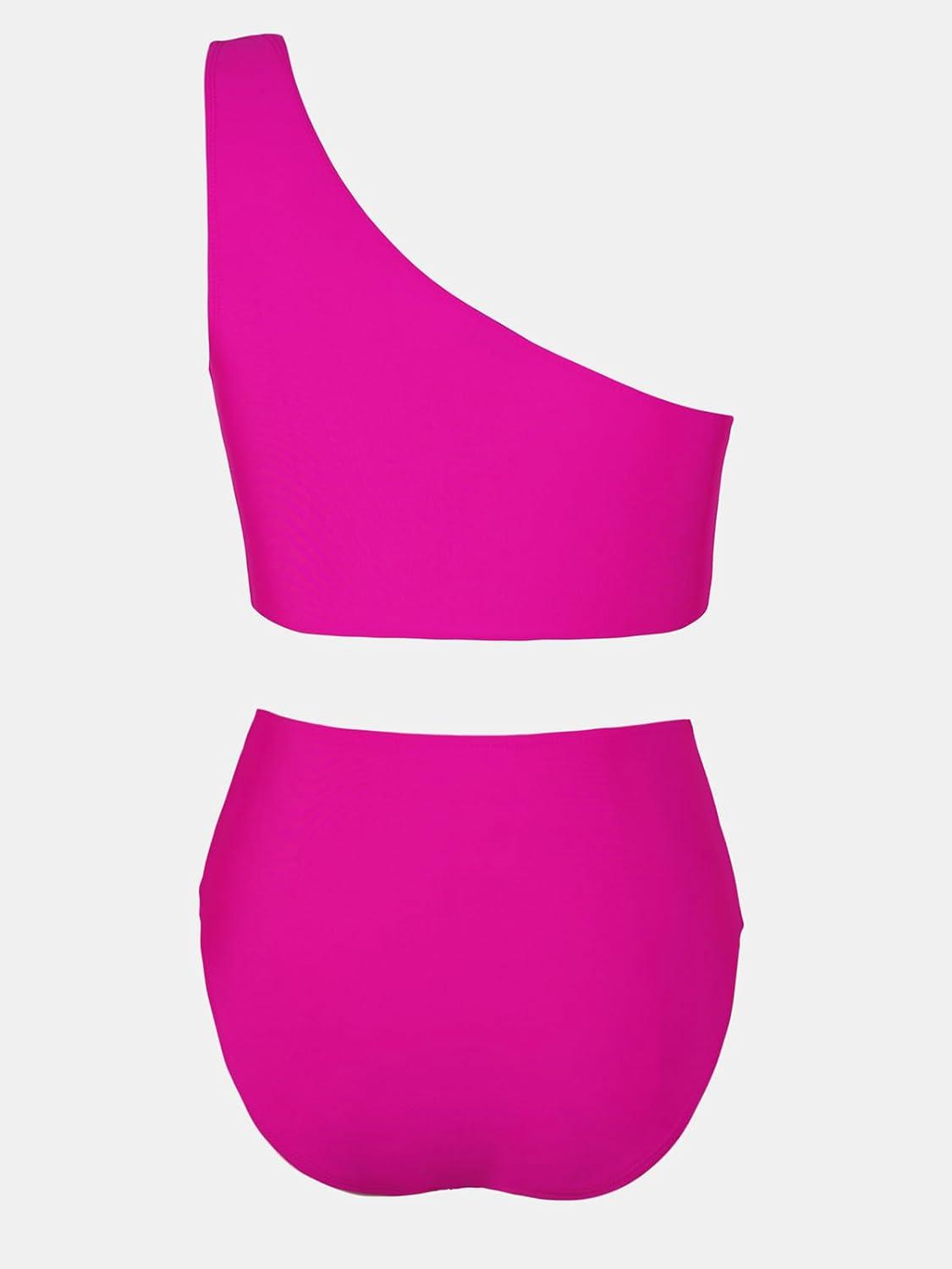 imageCUPSHE Womens Bikini Sets Two Piece Swimsuit High Waisted One Shoulder Color Block Ruched AsymmetricalFuchsiaPink