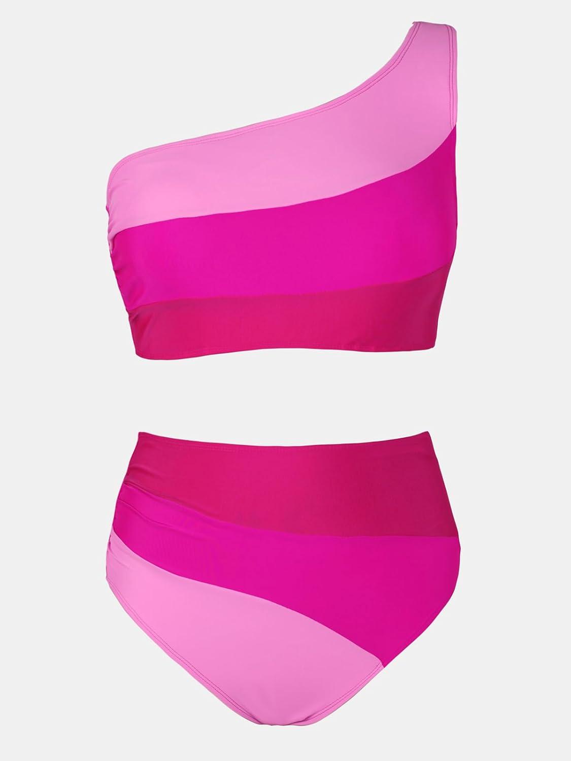 imageCUPSHE Womens Bikini Sets Two Piece Swimsuit High Waisted One Shoulder Color Block Ruched AsymmetricalFuchsiaPink