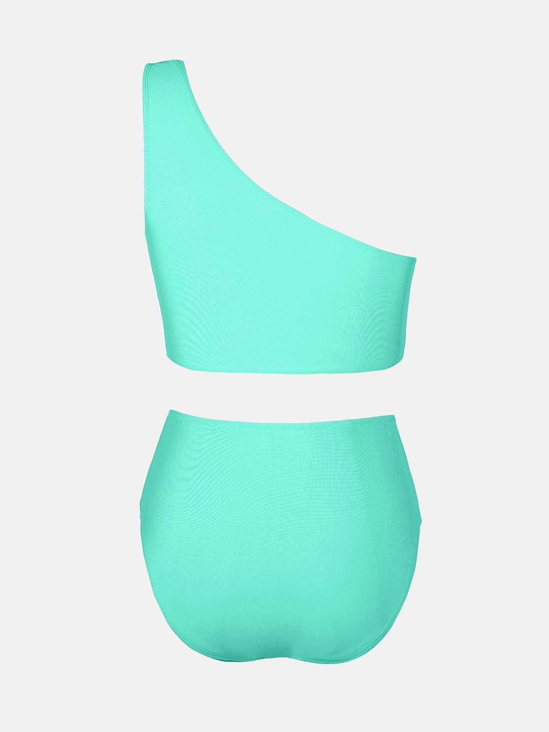 imageCUPSHE Womens Bikini Sets Two Piece Swimsuit High Waisted One Shoulder Color Block Ruched AsymmetricalMint GreenLight Blue