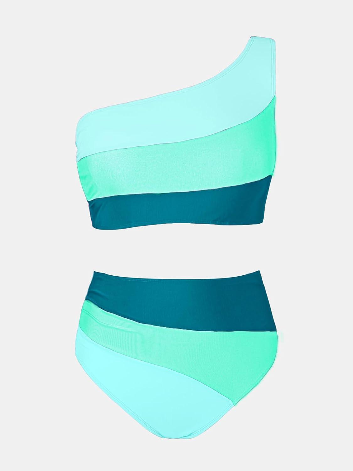 imageCUPSHE Womens Bikini Sets Two Piece Swimsuit High Waisted One Shoulder Color Block Ruched AsymmetricalMint GreenLight Blue