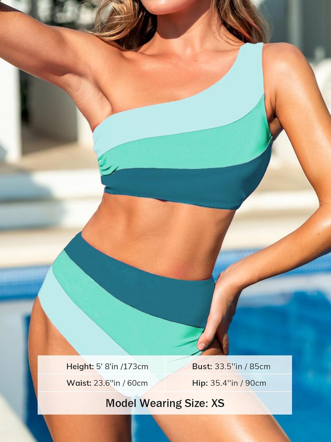 imageCUPSHE Womens Bikini Sets Two Piece Swimsuit High Waisted One Shoulder Color Block Ruched AsymmetricalMint GreenLight Blue
