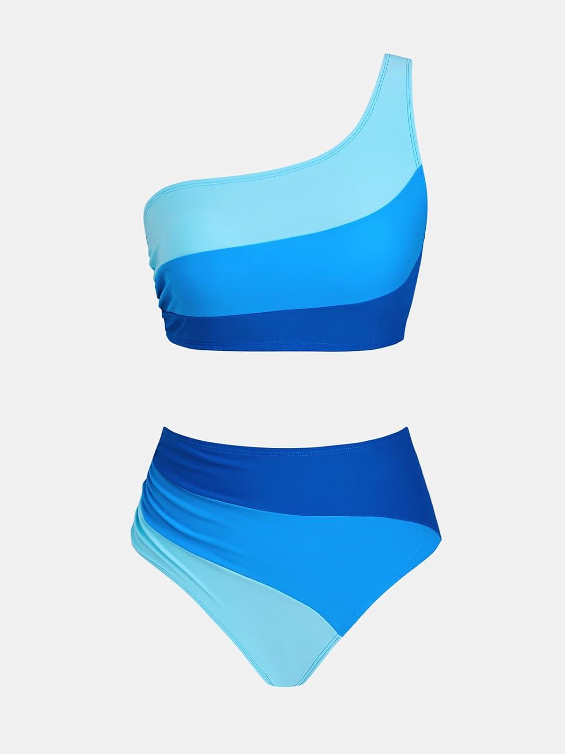 imageCUPSHE Womens Bikini Sets Two Piece Swimsuit High Waisted One Shoulder Color Block Ruched AsymmetricalRoyal BlueLight Blue