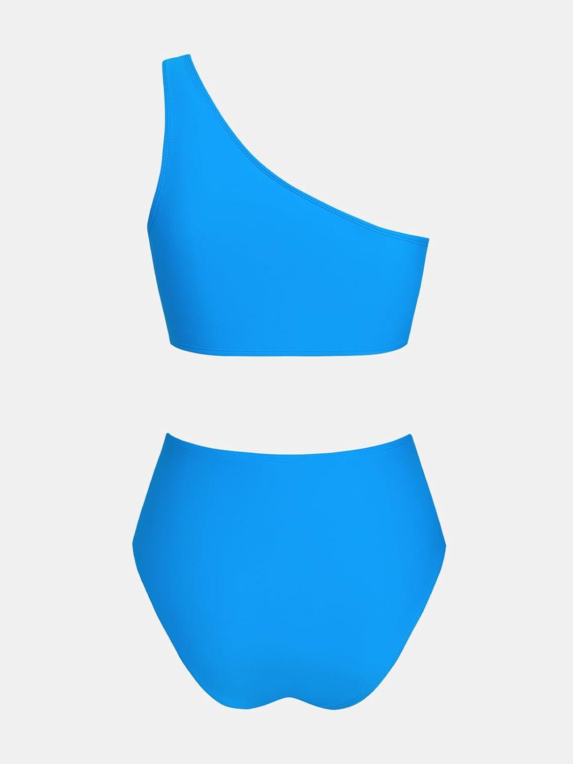 imageCUPSHE Womens Bikini Sets Two Piece Swimsuit High Waisted One Shoulder Color Block Ruched AsymmetricalRoyal BlueLight Blue