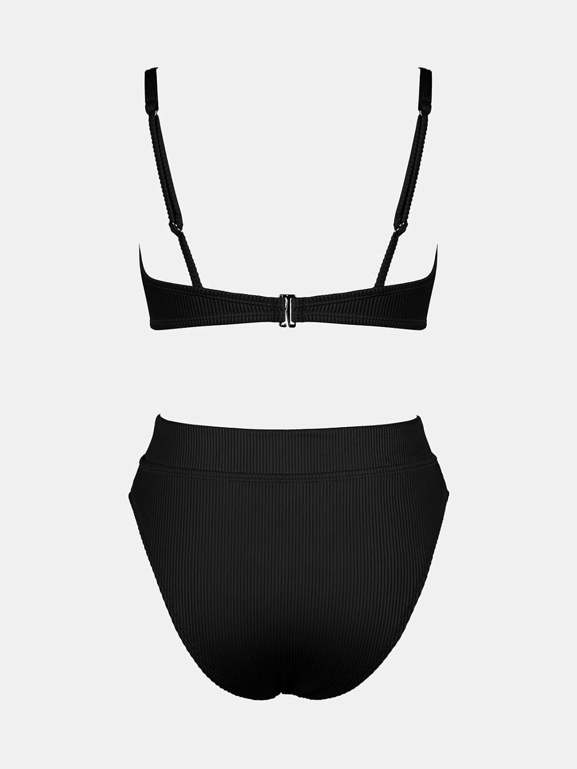 imageCUPSHE Womens Bikini Sets Two Piece Swimsuit High Waisted Square Neck Cutout Wide Straps Tank High Cut Cheeky BottomBlack