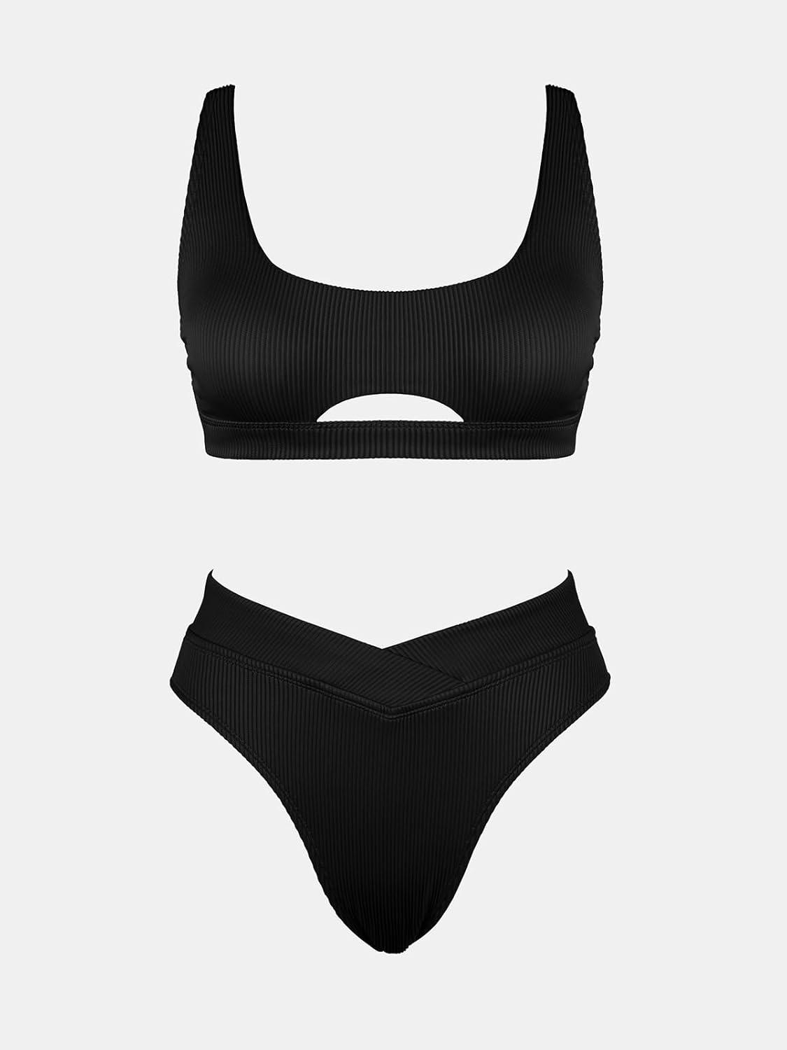 imageCUPSHE Womens Bikini Sets Two Piece Swimsuit High Waisted Square Neck Cutout Wide Straps Tank High Cut Cheeky BottomBlack