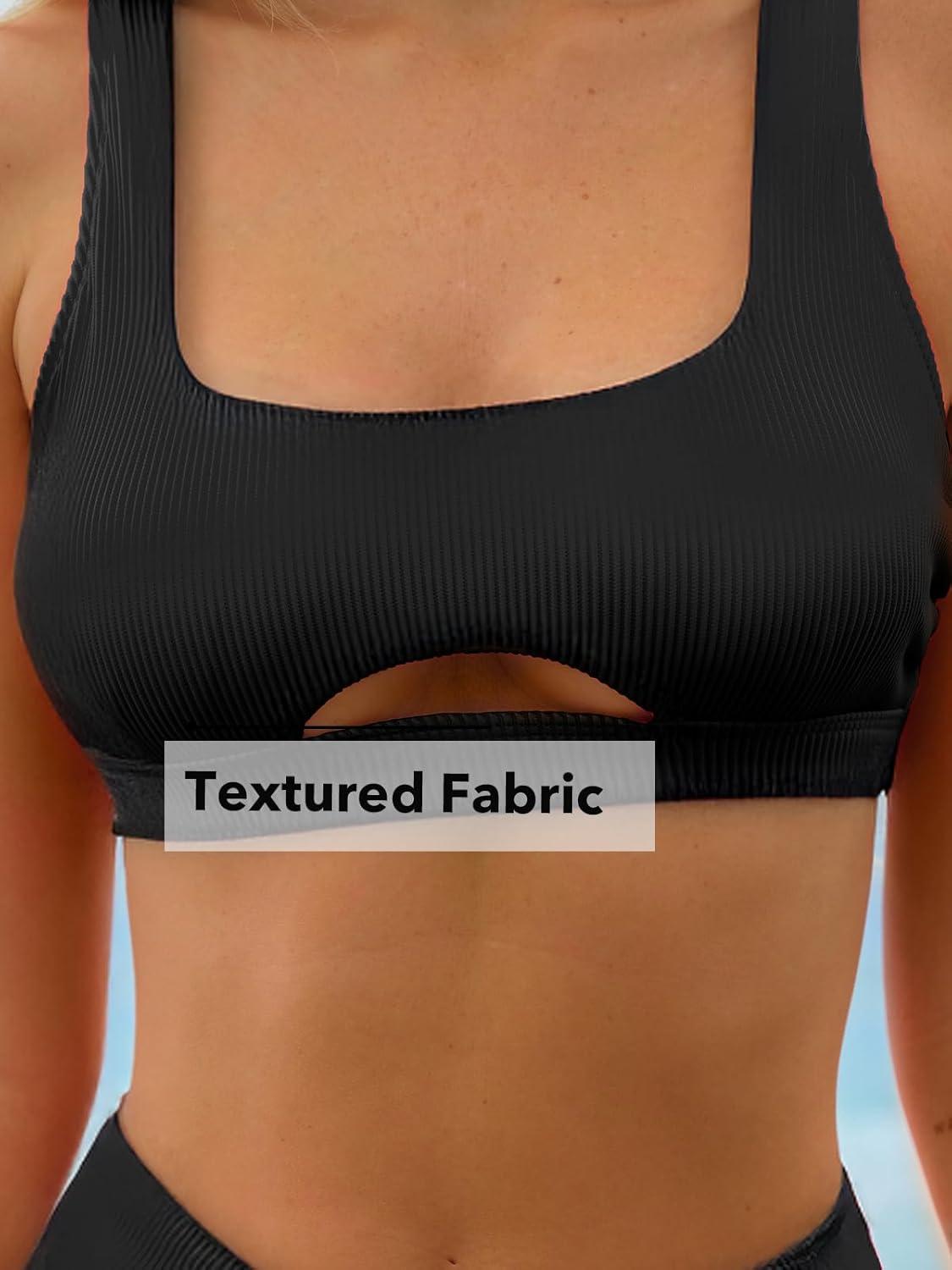 imageCUPSHE Womens Bikini Sets Two Piece Swimsuit High Waisted Square Neck Cutout Wide Straps Tank High Cut Cheeky BottomBlack