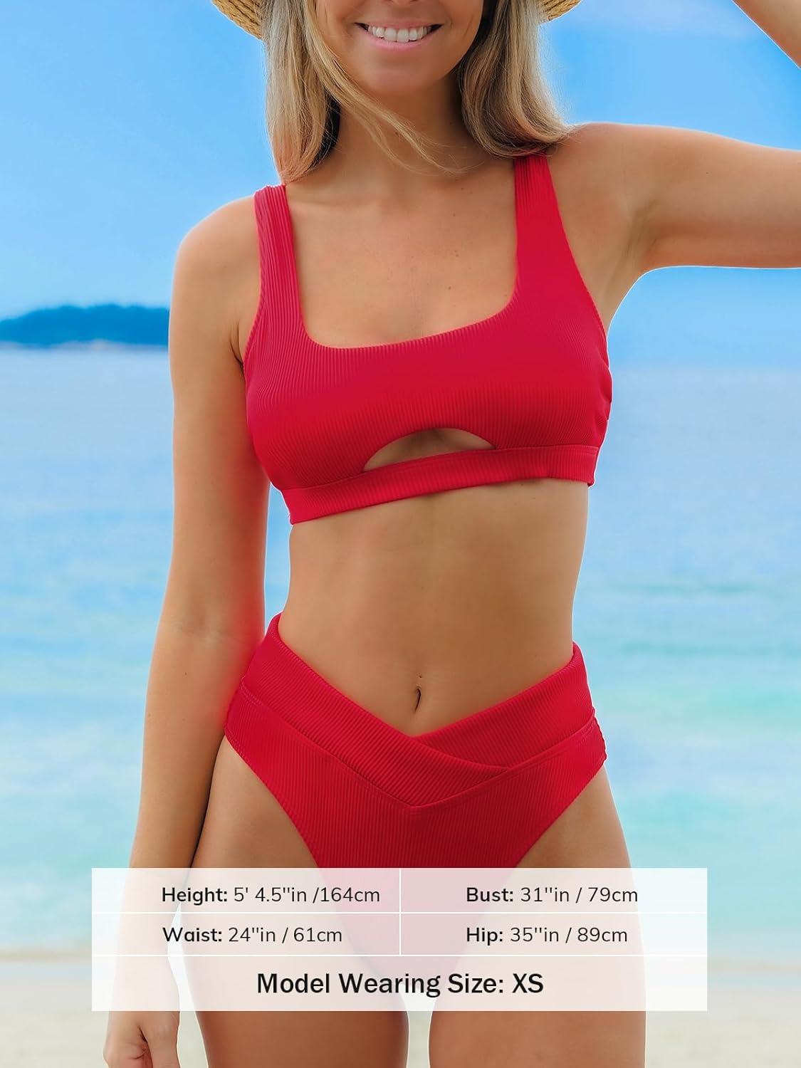 imageCUPSHE Womens Bikini Sets Two Piece Swimsuit High Waisted Square Neck Cutout Wide Straps Tank High Cut Cheeky BottomCrimson Red