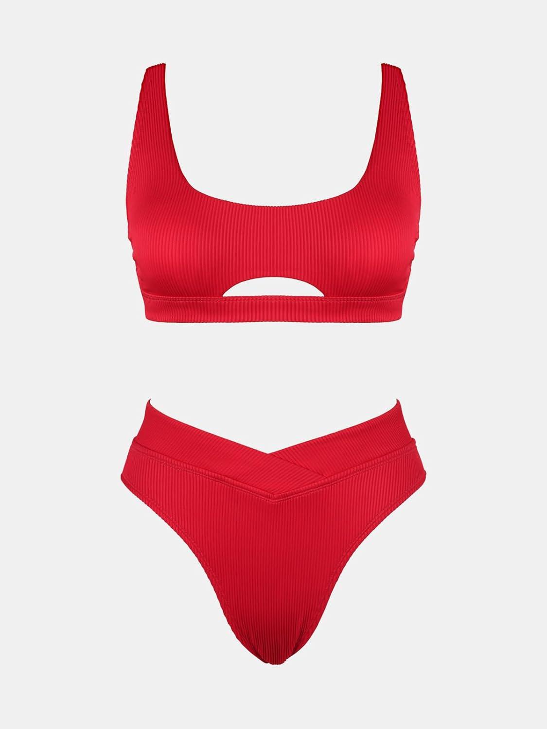 imageCUPSHE Womens Bikini Sets Two Piece Swimsuit High Waisted Square Neck Cutout Wide Straps Tank High Cut Cheeky BottomCrimson Red