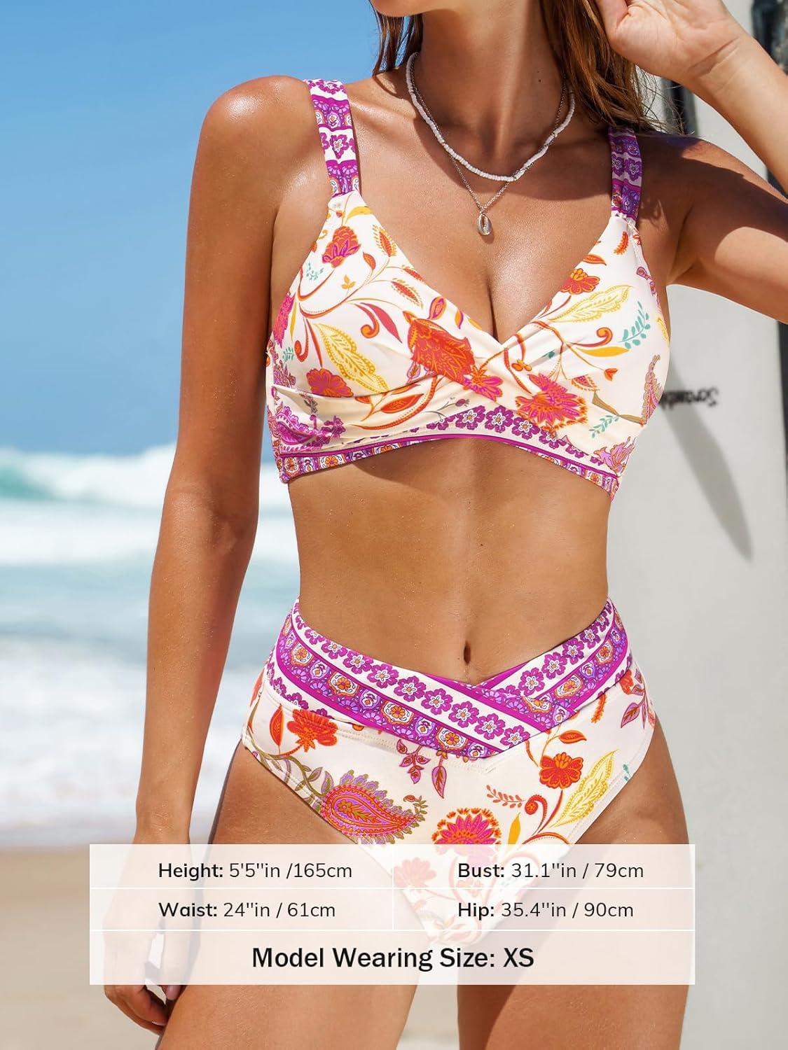 imageCUPSHE Womens Bikini Sets Two Piece Swimsuit High Waisted Twisted V Neck Adjustable Straps SwimwearIvoryPurpleFloral